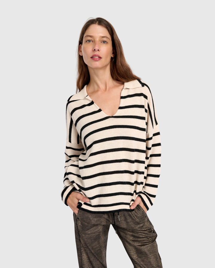 Surfside Collared Sweater, Cream Stripes