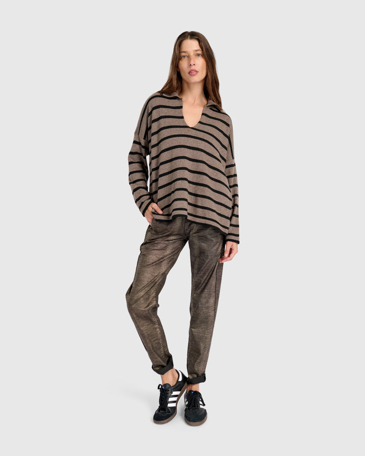 Surfside Collared Sweater, Latte Stripes