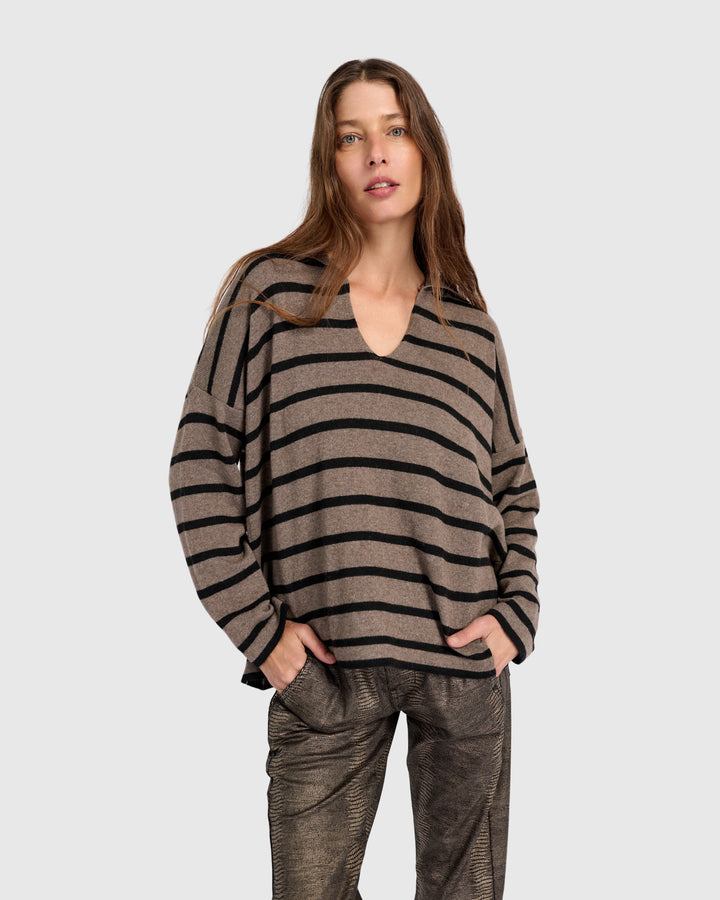 Surfside Collared Sweater, Latte Stripes