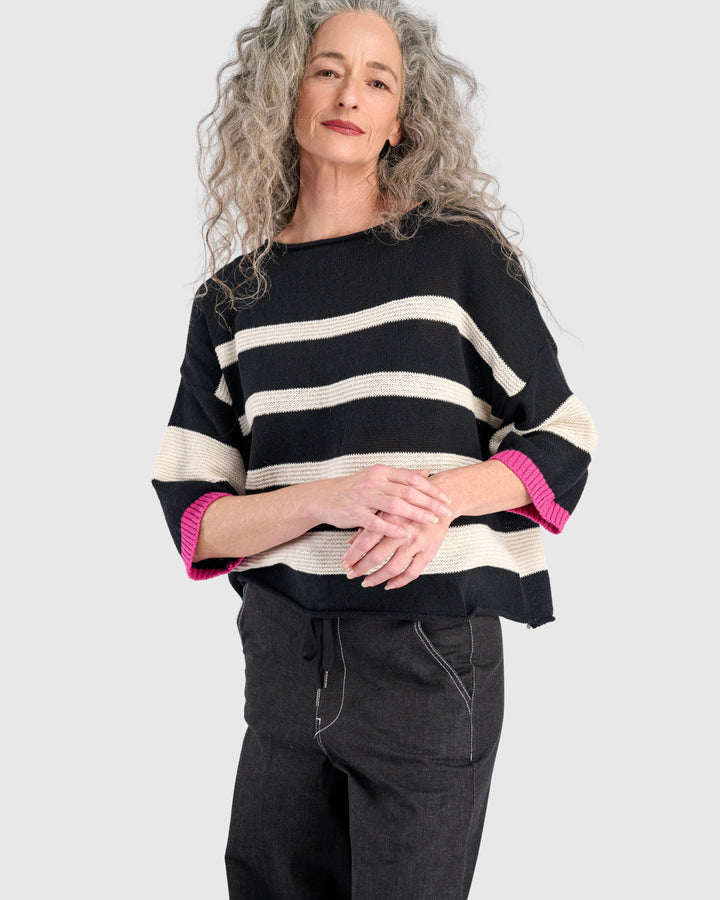 Boxy Stripes Sweater, Black/White