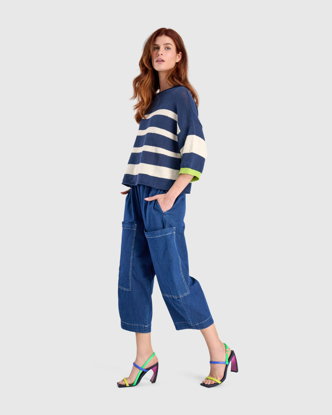 Boxy Stripes Sweater, Blue/Cream