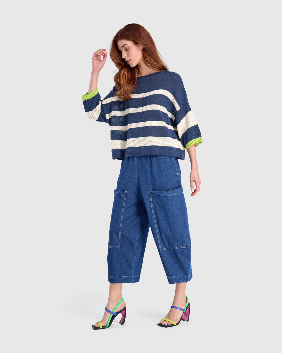 Boxy Stripes Sweater, Blue/Cream