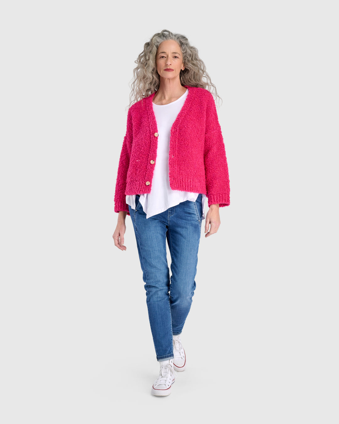 Teddy Boucle Cardigan, Fuchsia