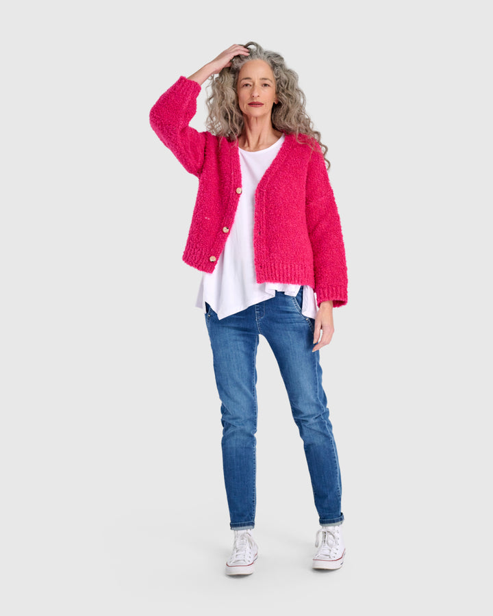 Teddy Boucle Cardigan, Fuchsia