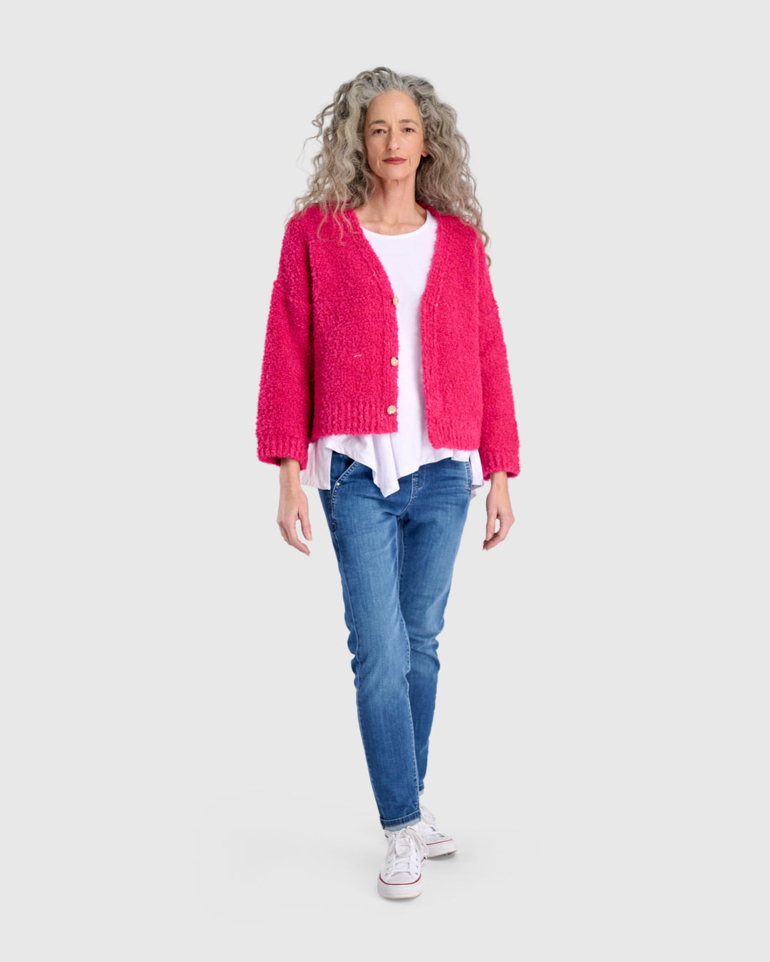 Teddy Boucle Cardigan, Fuchsia