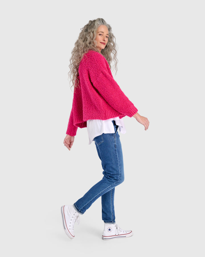 Teddy Boucle Cardigan, Fuchsia