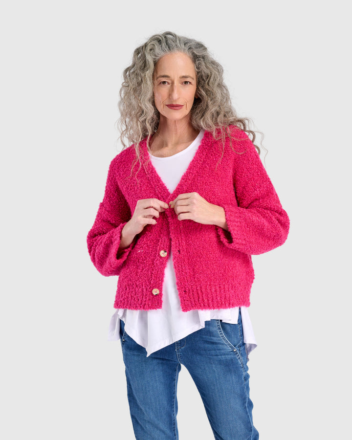 Teddy Boucle Cardigan, Fuchsia
