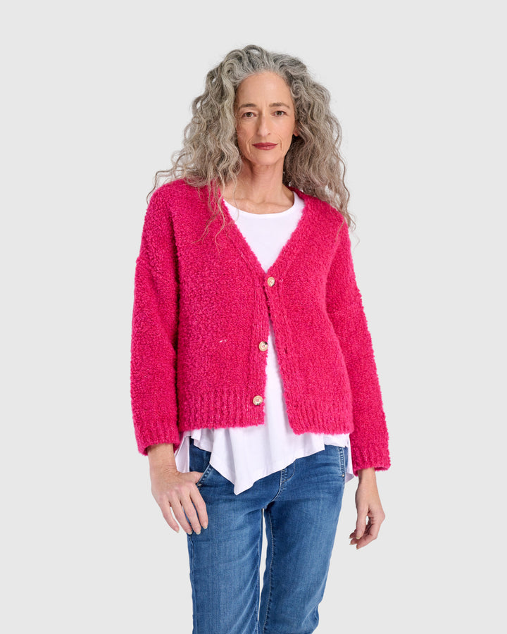 Teddy Boucle Cardigan, Fuchsia