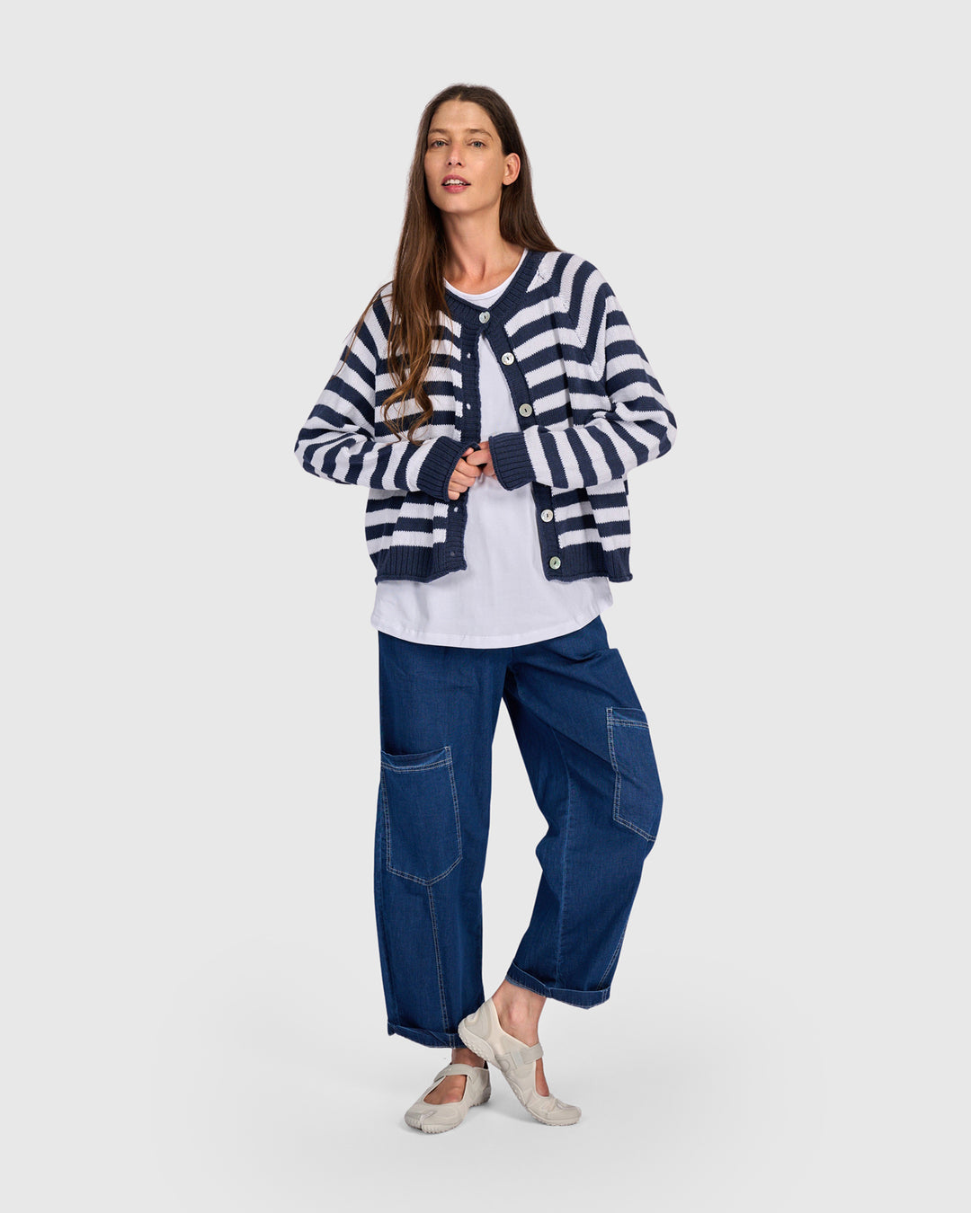 Sunny Stripe Cardigan, Navy/White
