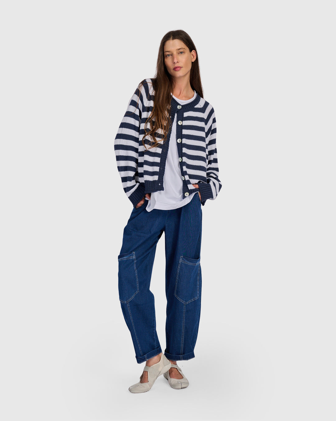 Sunny Stripe Cardigan, Navy/White