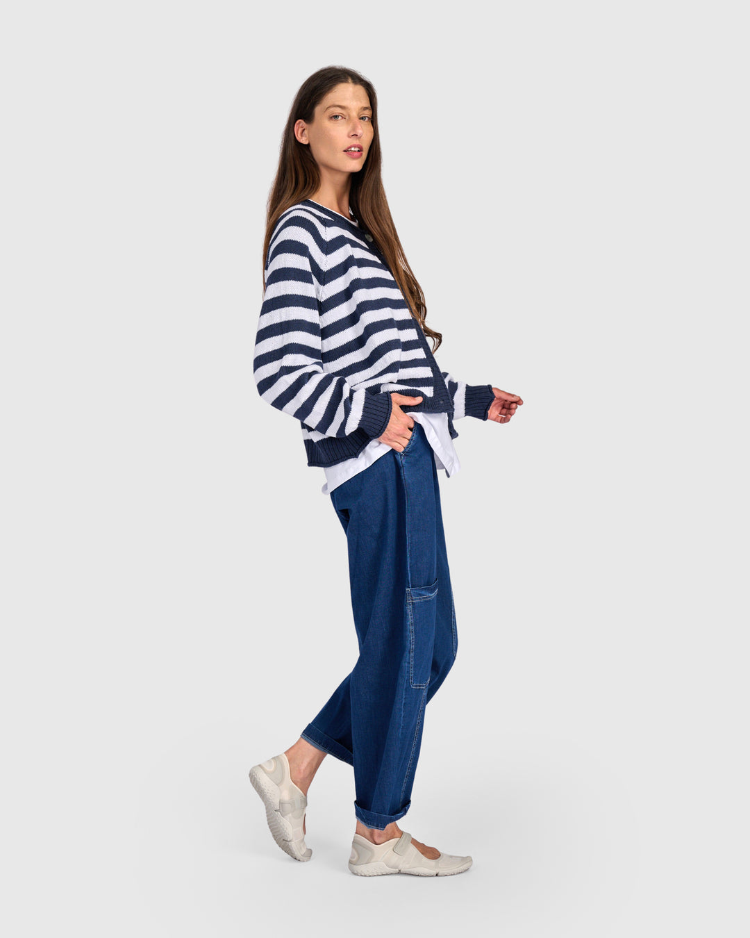 Sunny Stripe Cardigan, Navy/White