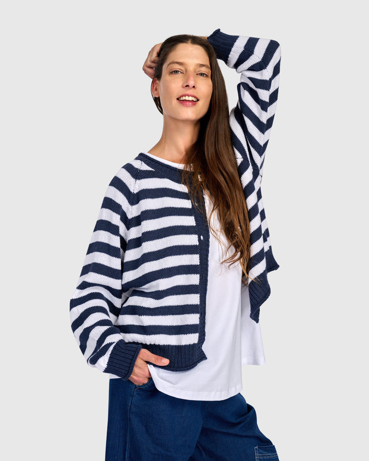Sunny Stripe Cardigan, Navy/White
