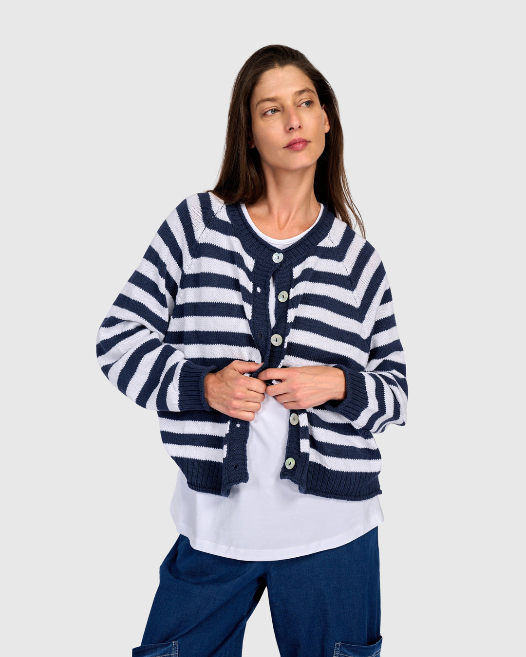 Sunny Stripe Cardigan, Navy/White