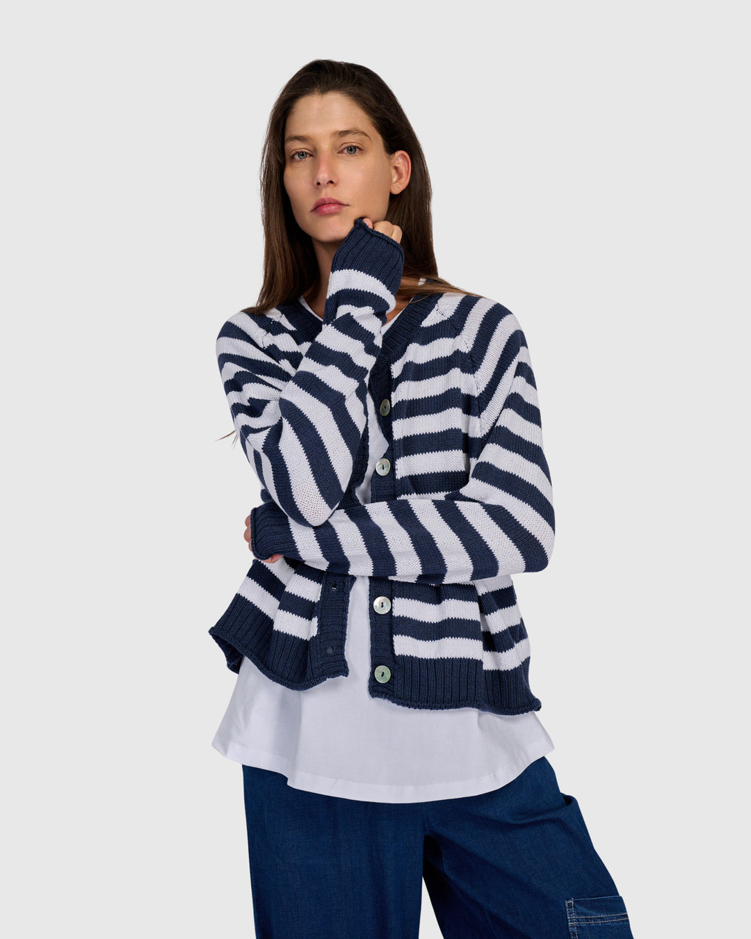 Sunny Stripe Cardigan, Navy/White