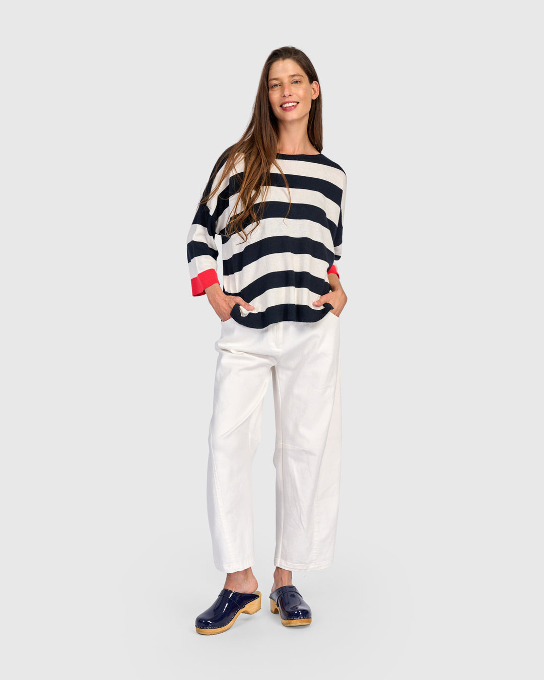 Jetty Striped Sweater, Red Trim
