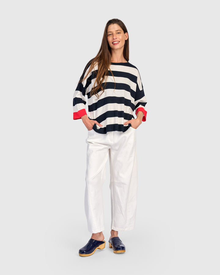 Jetty Striped Sweater, Red Trim
