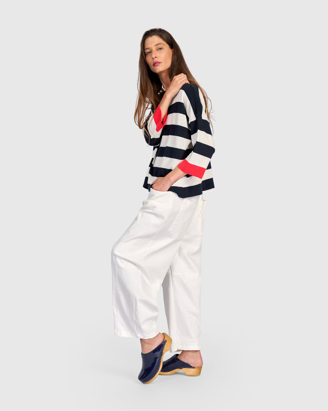 Jetty Striped Sweater, Red Trim