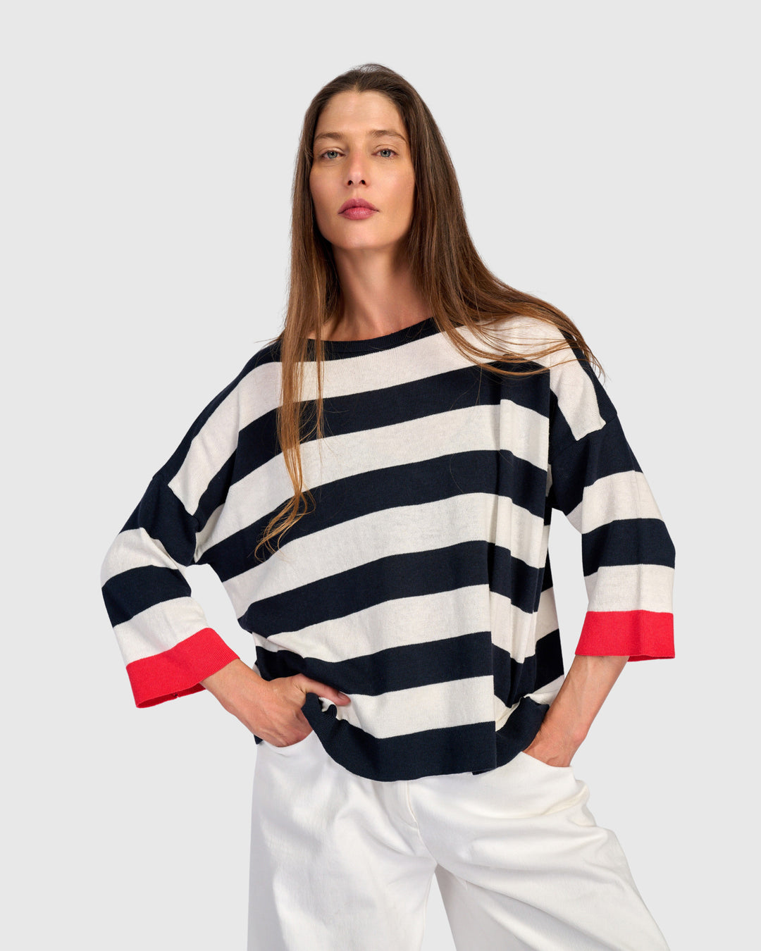 Jetty Striped Sweater, Red Trim