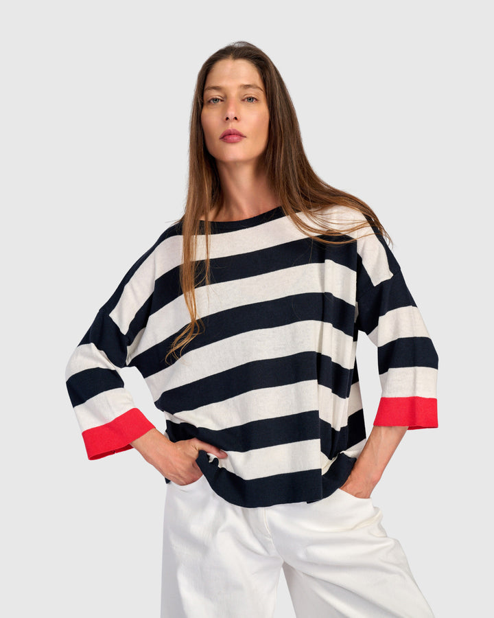Jetty Striped Sweater, Red Trim