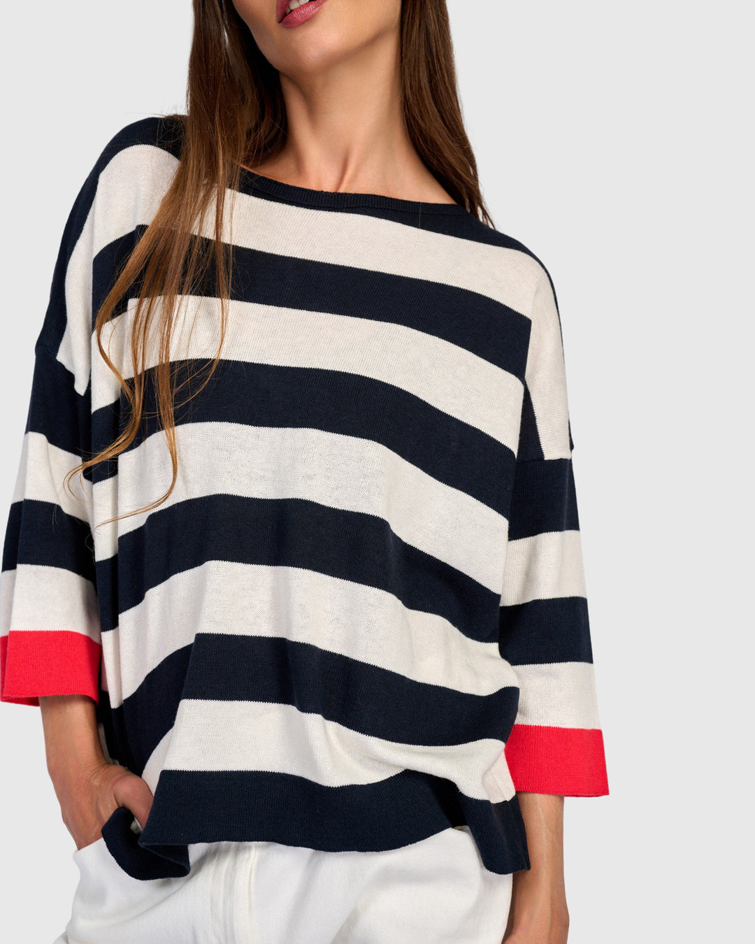 Jetty Striped Sweater, Red Trim