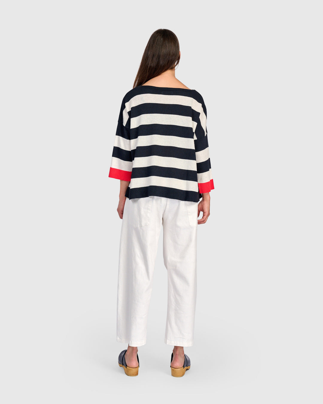 Jetty Striped Sweater, Red Trim