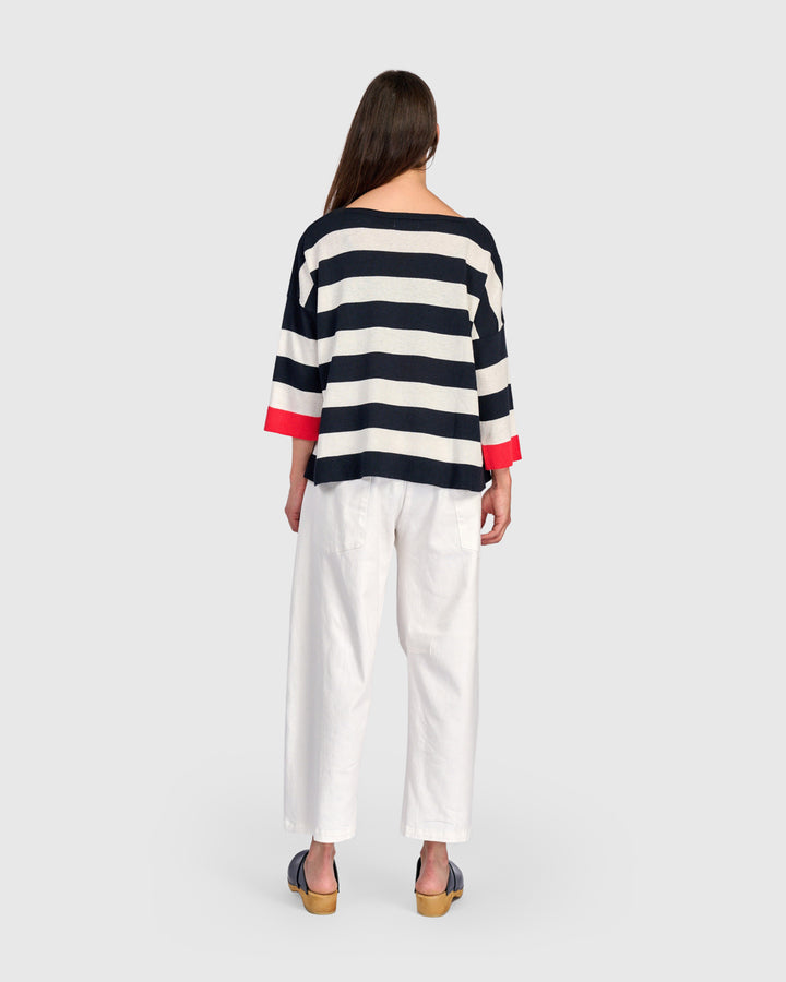 Jetty Striped Sweater, Red Trim