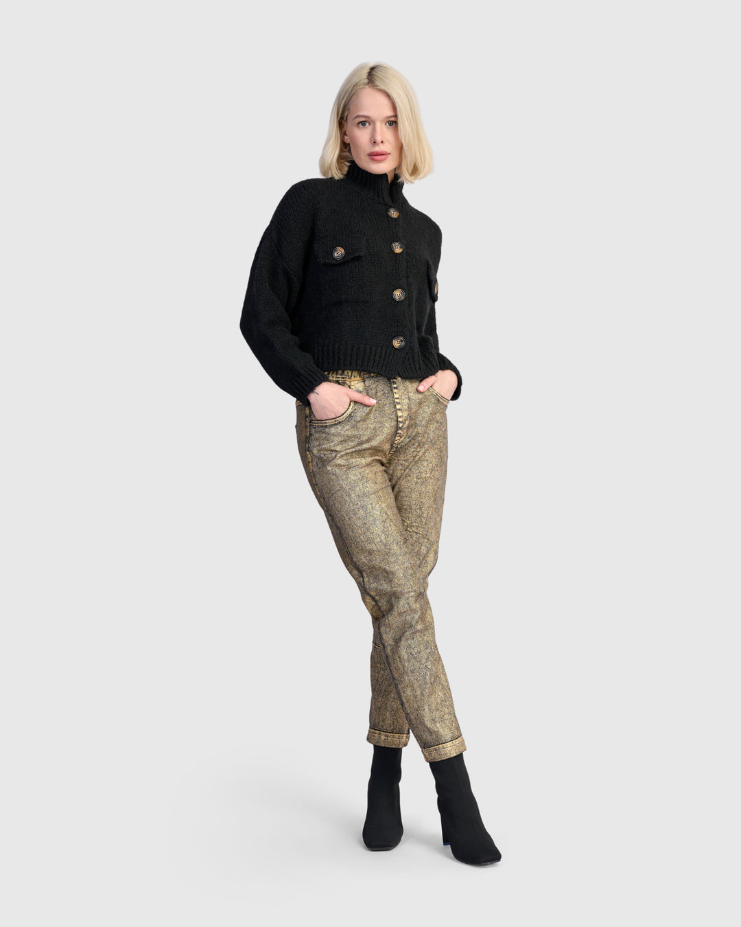 Metallic Boyfriend Jogger Jeans, Gold