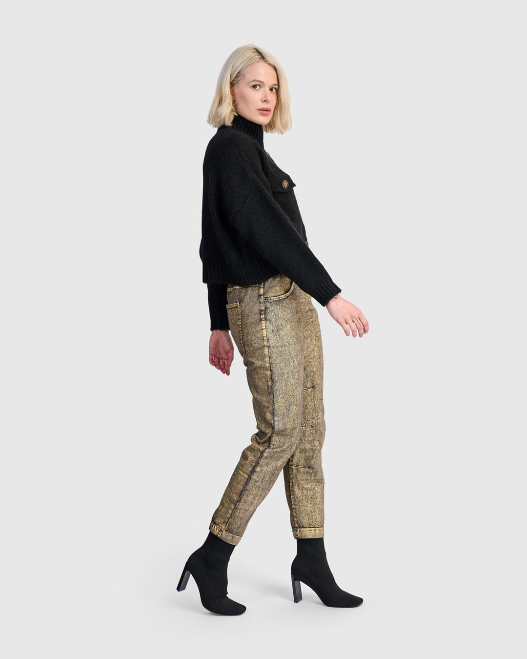Metallic Boyfriend Jogger Jeans, Gold