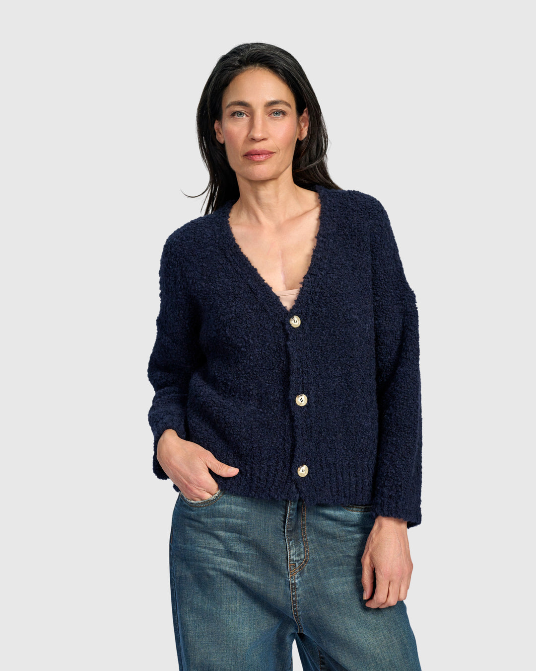Teddy Boucle Cardigan, Midnight