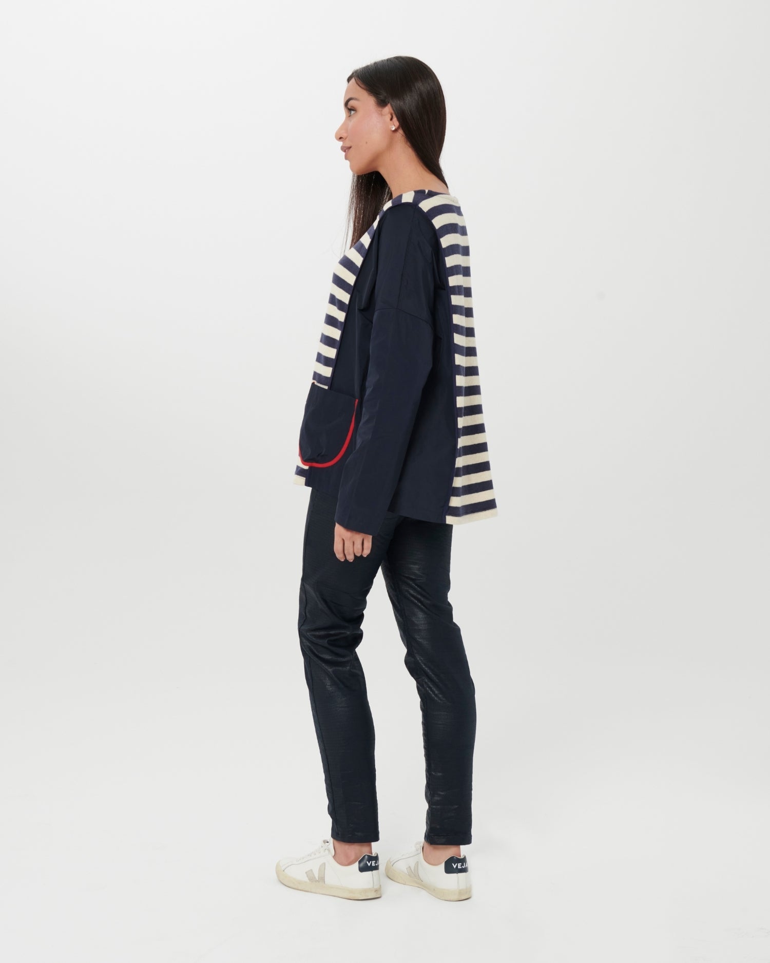 Chiara Cocol Striped Mixed Media 2024 Cardigan Navy, White, and Orange Small