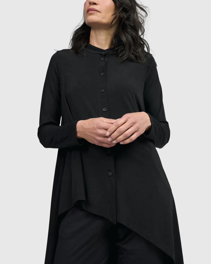 Essential Hi-Lo Button Down Top, Black