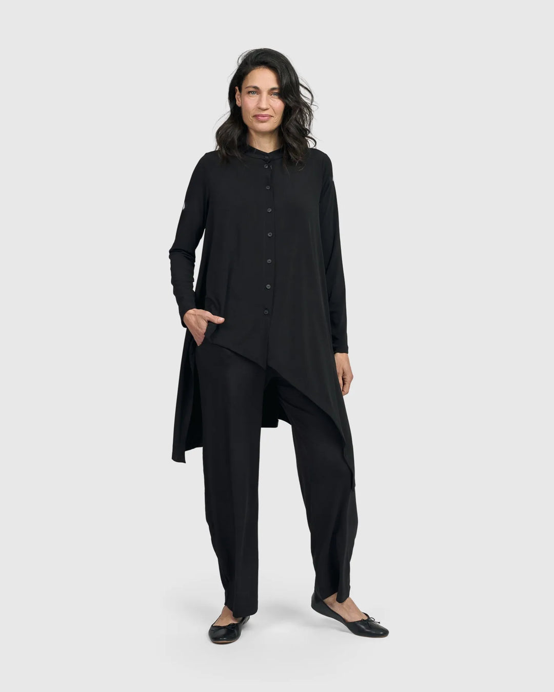 Essential Hi-Lo Button Down Top, Black