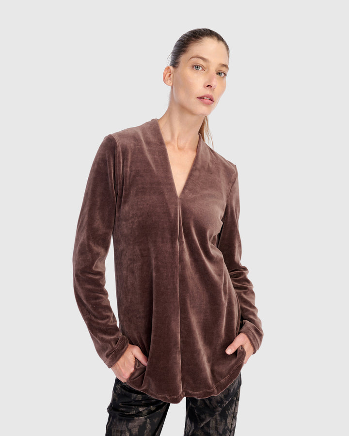 Everyday Velvet V-neck Top, Sepia