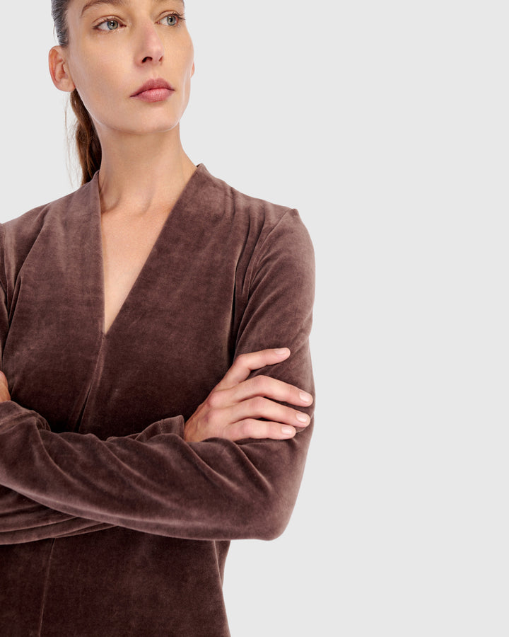 Everyday Velvet V-neck Top, Sepia