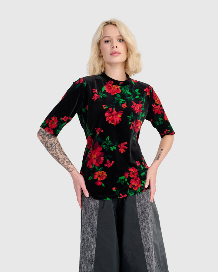 Aria Velvet Mockneck Tee, Roses
