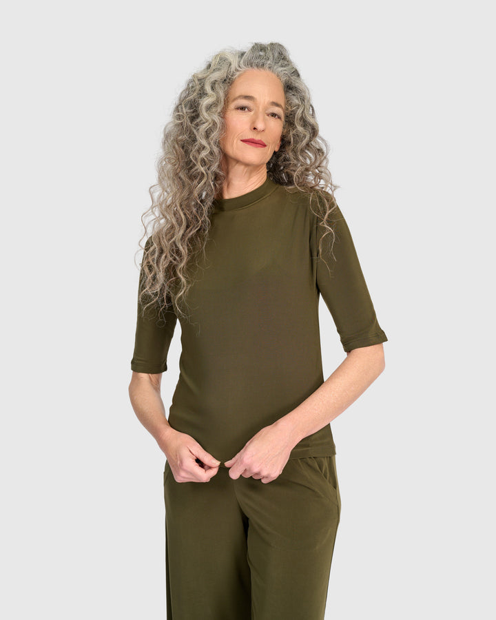 Essential Slinky Mockneck Tee, Khaki