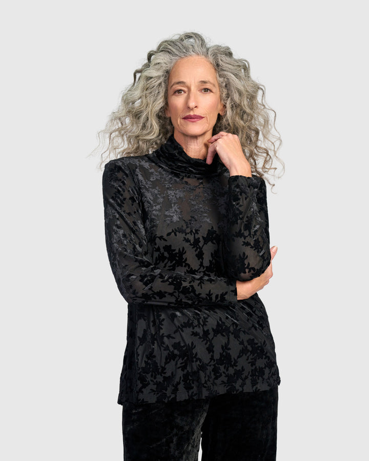Drawing Room Turtleneck Top, Black Flora