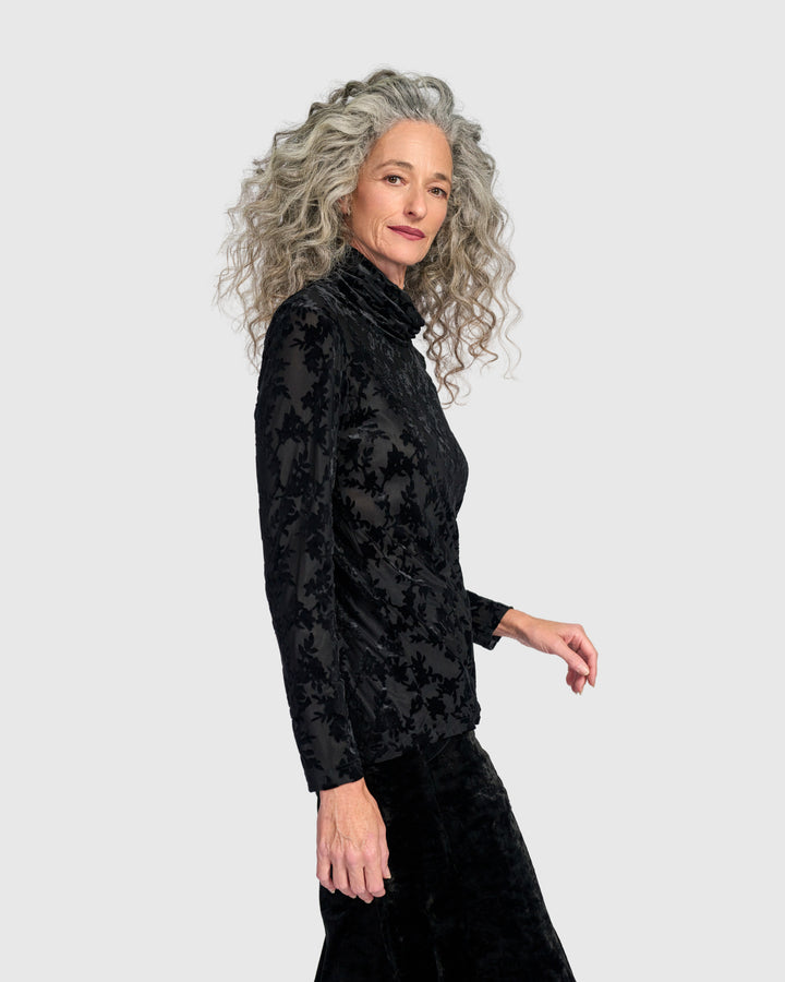 Drawing Room Turtleneck Top, Black Flora