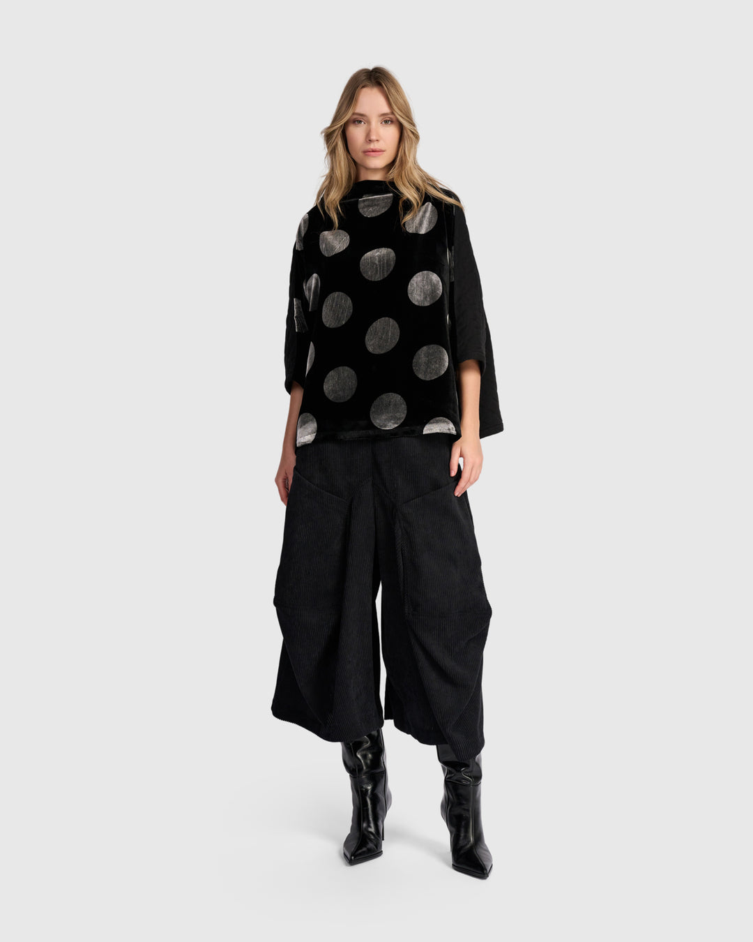 Everyday Velvet Funnel Pullover Top, Black/Silver Dot