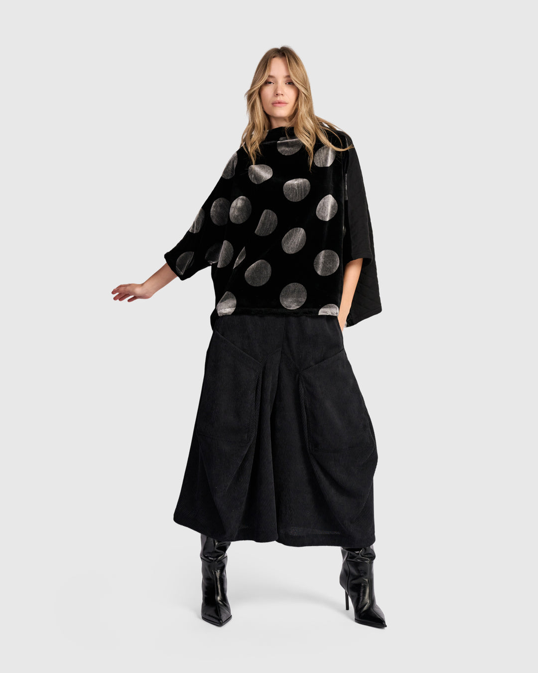 Everyday Velvet Funnel Pullover Top, Black/Silver Dot