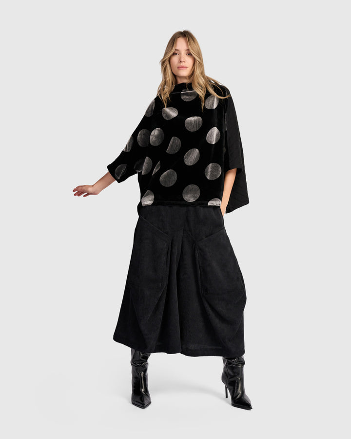Everyday Velvet Funnel Pullover Top, Black/Silver Dot