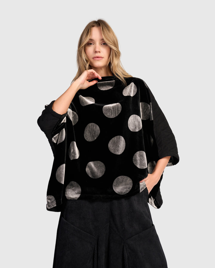 Everyday Velvet Funnel Pullover Top, Black/Silver Dot