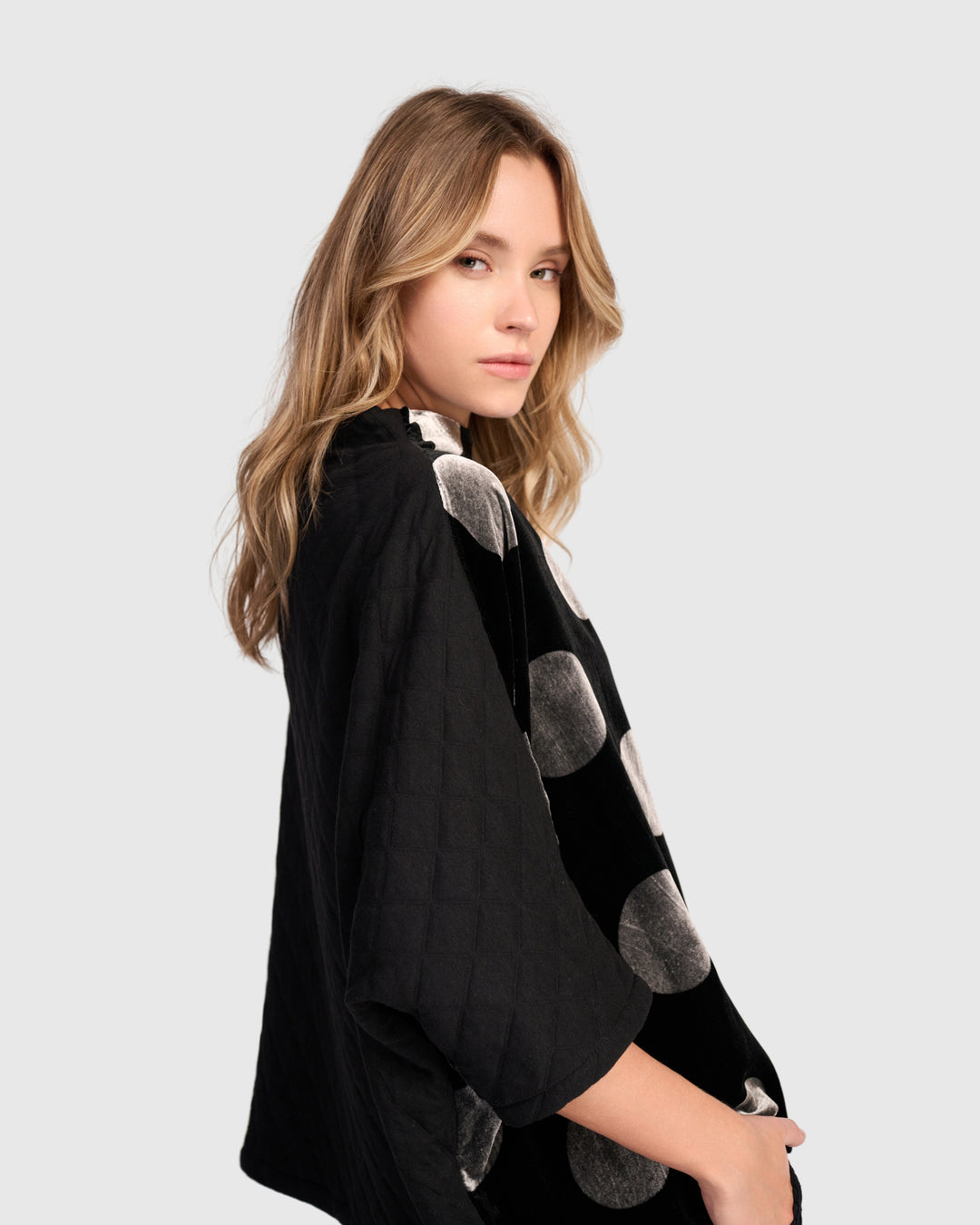 Everyday Velvet Funnel Pullover Top, Black/Silver Dot