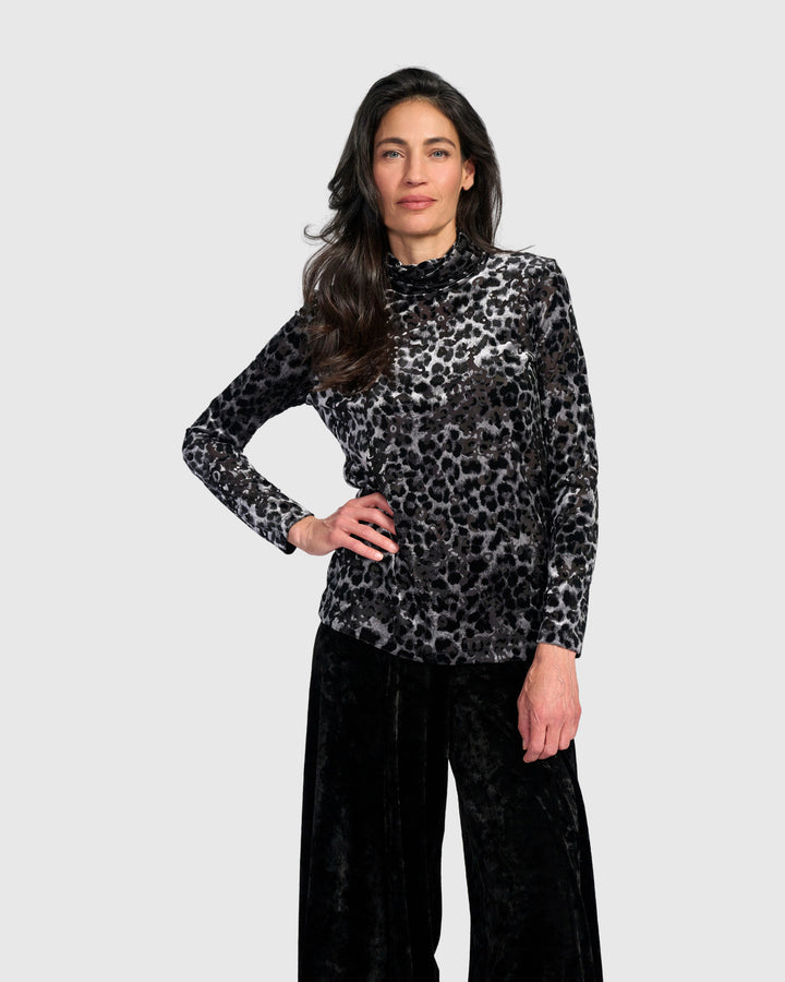 Dita Turtleneck Top, Pewter Leopard
