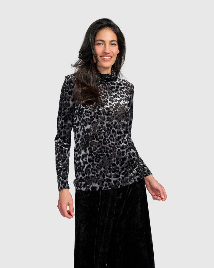 Dita Turtleneck Top, Pewter Leopard