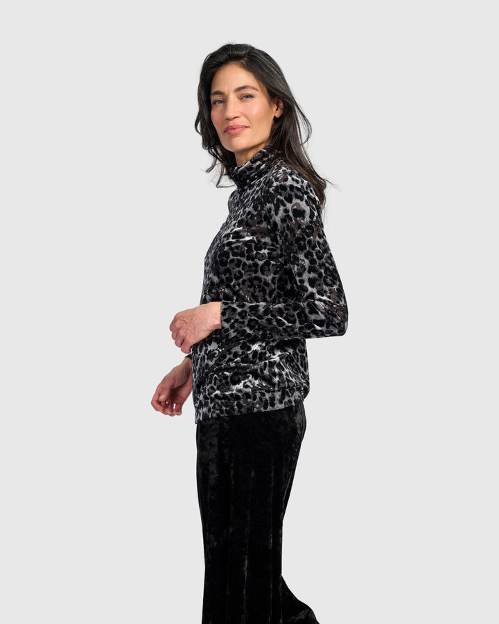Dita Turtleneck Top, Pewter Leopard
