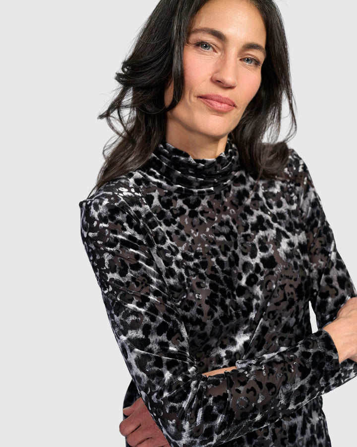 Dita Turtleneck Top, Pewter Leopard