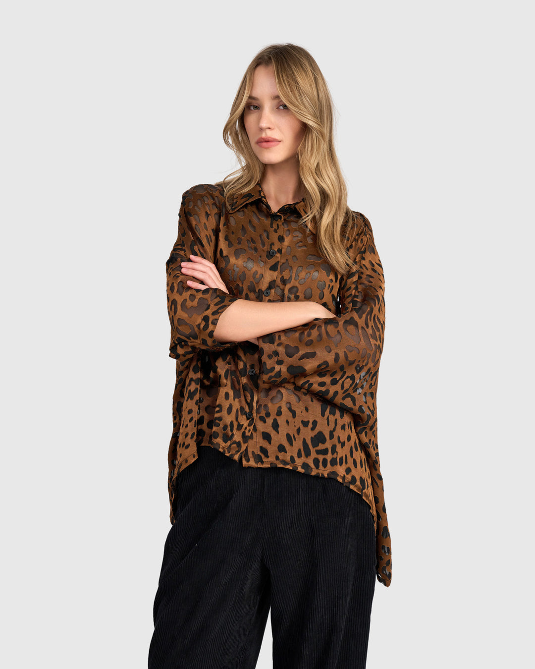 Bodhi Draped Blouse, Cognac Leopard