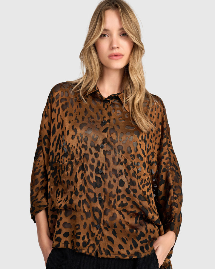 Bodhi Draped Blouse, Cognac Leopard