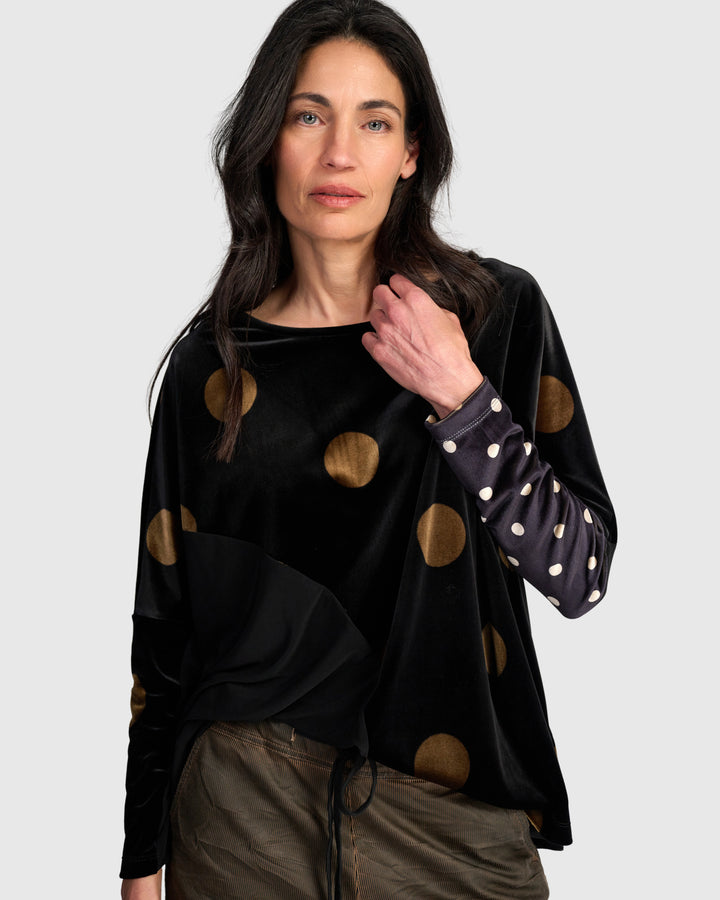 Everyday Velvet Curve Top, Black/Gold Dot